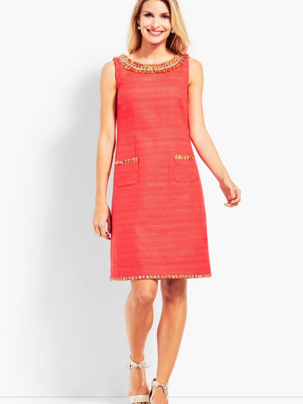 ❤️‍🔥Talbots Bright Coral Tweed Shift Dress with Fringe Trim size 14P